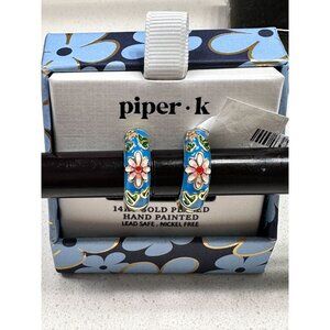 Piper K Blue Flower 14 KT Gold Plated Hand Painted Earrings NEW